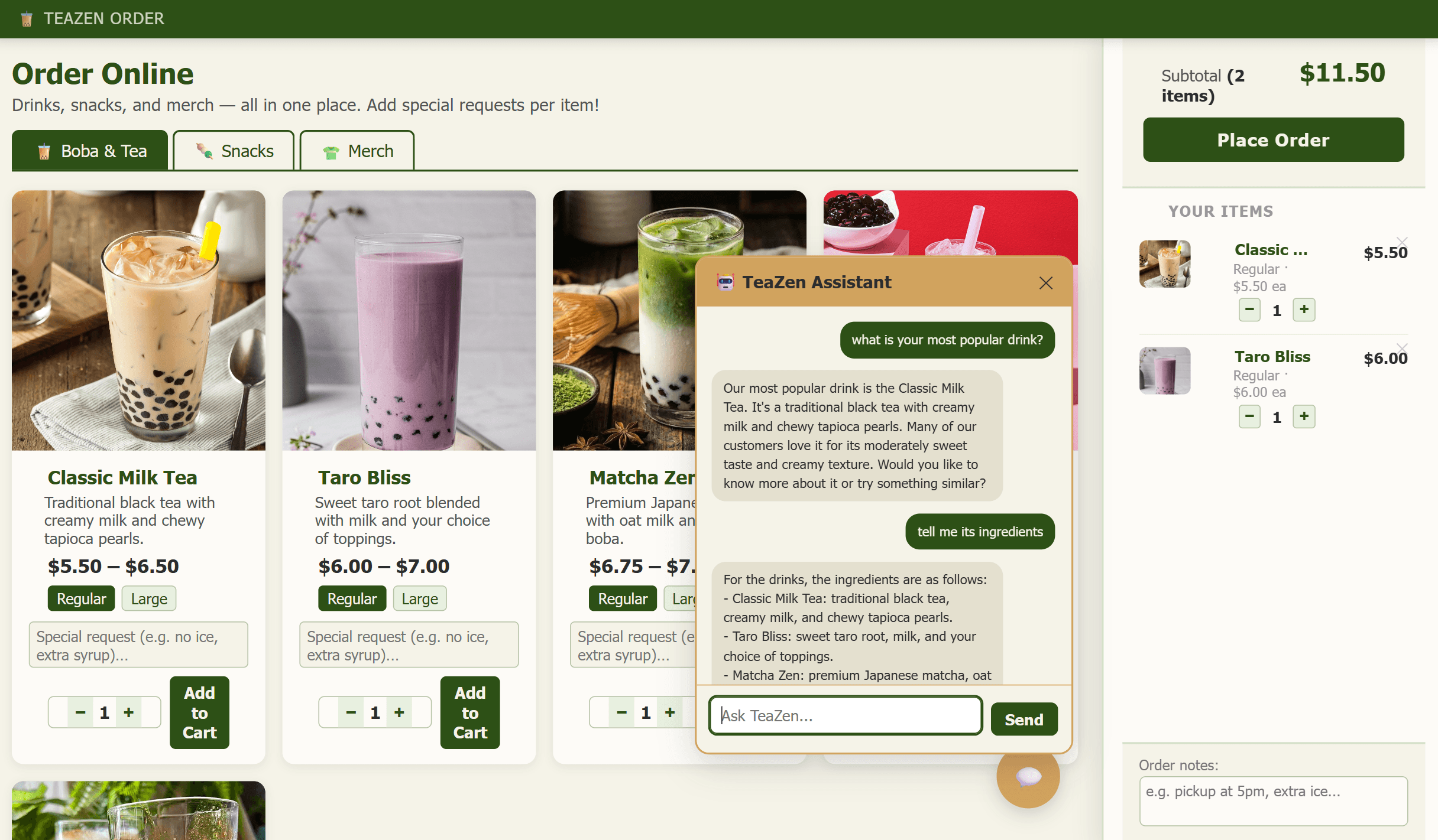 TeaZen AI chatbot conversation